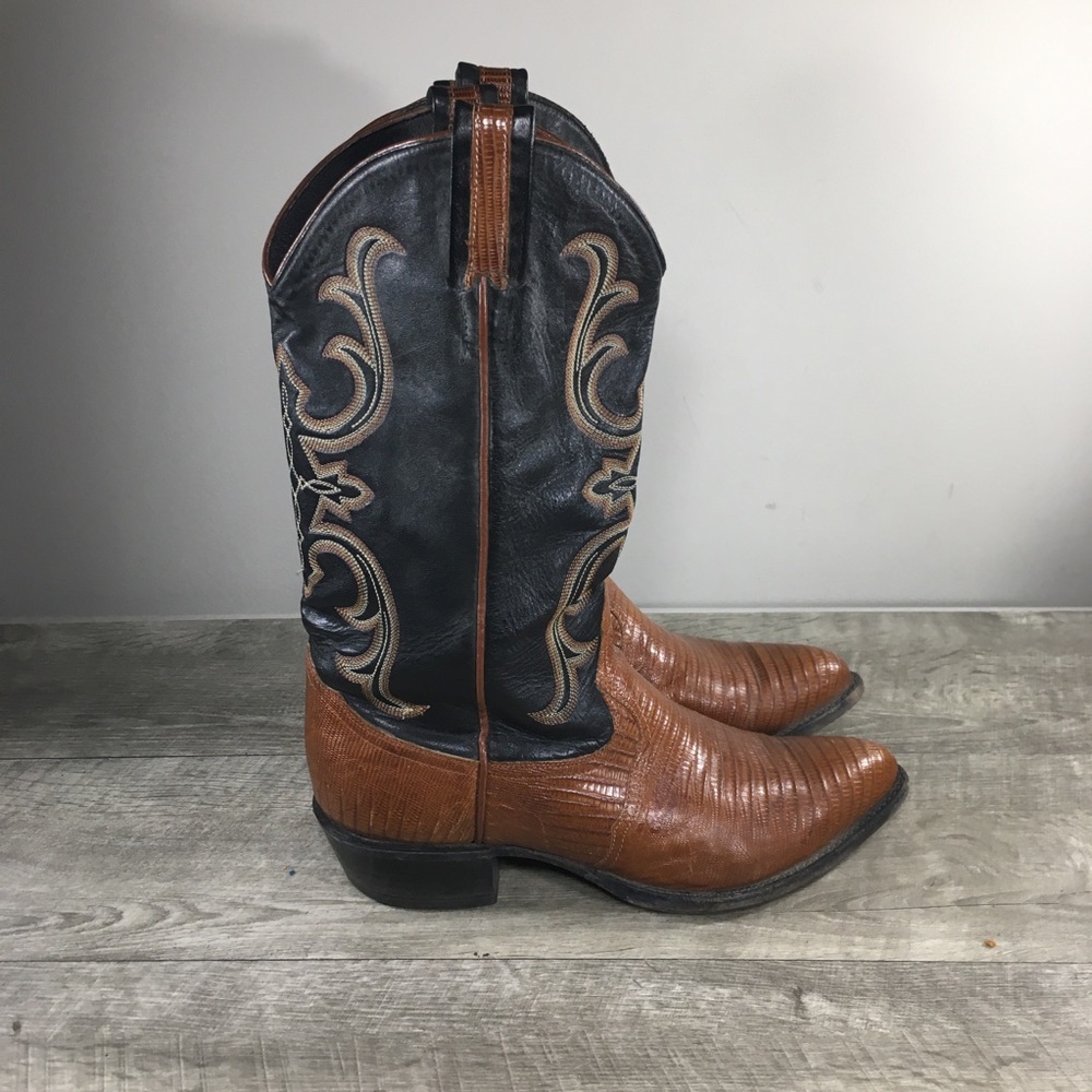Larry Mahan Cowboy Western Teju Lizard Leather Men's Boots Vintage Size 8 USA